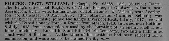 Foster C W L/Cpl 95588 13th Kings Liverpool Regiment