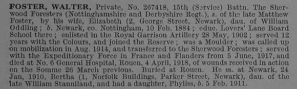 Foster W Pte 267418 15th Notts & Derby Regiment Obit