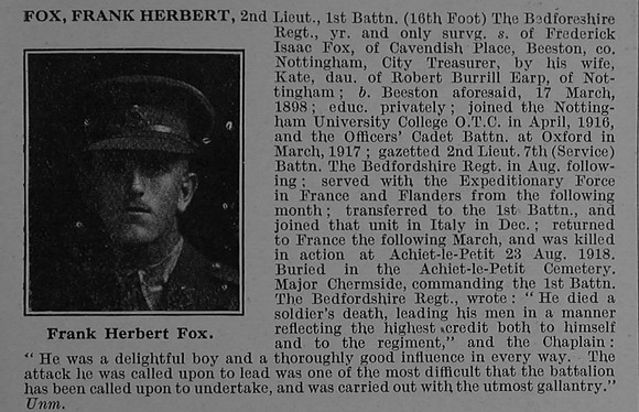 Fox F H 2nd Lt 1st Bedfordshire Regiment Obit