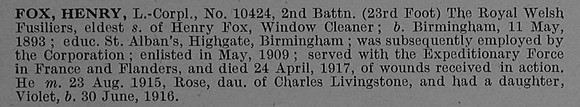Fox H L/Cpl 10424 2nd Royal Welsh Fusiliers