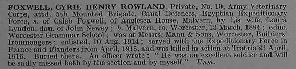 Foxwell C H R Pte Army Veterinary Corps