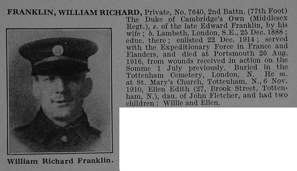 Franklin W R Pte 7640 2nd Middlesex Regiment Obit