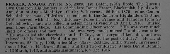 Fraser A Pte 23090 1st Queen's Own Cameron Highlanders