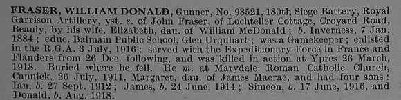 Fraser W D Gnr 98521 Royal Garrison Artillery