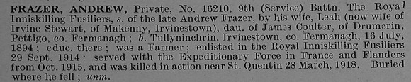 Frazer A Pte 16210 9th Royal Inniskilling Fusiliers