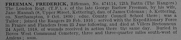 Freeman F Rfn 474114 12th London Regiment