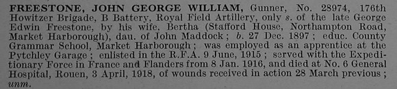Freestone J G W Gnr 28974 Royal Field Artillery