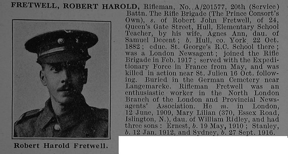 Fretwell R H Rfn A/201577 20th Rifle Brigade Obit