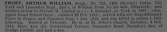 Frost A W Sergt 755 14th York & Lancaster Regiment