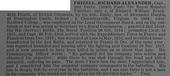 Frizell R A Captain 2nd Royal Munster Fusiliers