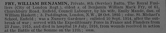 Fry W B Pte 8th Royal Fusiliers