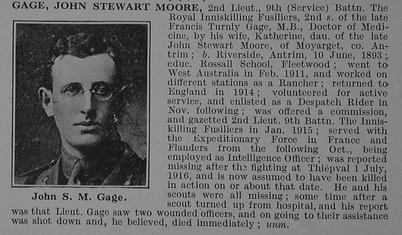 Gage J S M 2nd Lt 9th Royal Innsikilling Fusiliers Obit