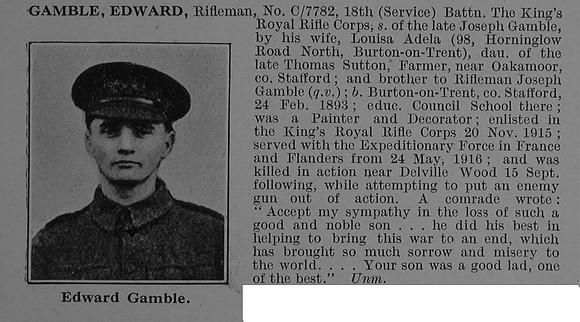 Gamble E Rfm C/7782 18th Kings Royal Rifle Corps Obit