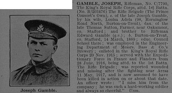 Gamble J Rfn C/7790 Kings Royal Rifle Corps Obit