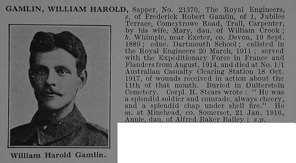 Gamlin W H Sapper 21370 Royal Engineers Obit