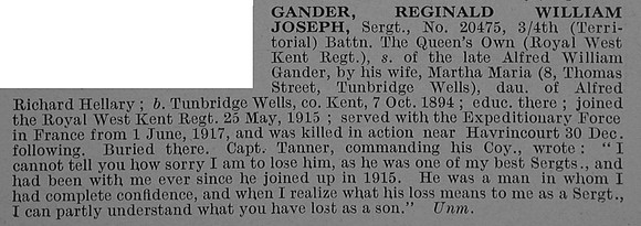 Gander R W J Sergt 20475 4th Queens Own Royal West Kent Regiment Obit