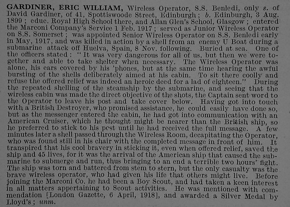 Gardiner E W Wireless Operator S.S. Benledi Mercantile Marine