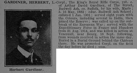 Gardiner H L/Cpl Kings Royal Rifle Corps Obit