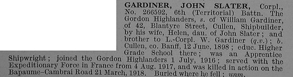 Gardiner J S Cpl 266592 6th Gordon Highlanders Obit