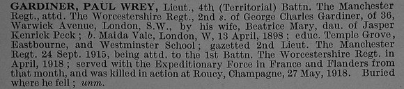 Gardiner P W Lt 4th Manchester Regiment Attd Worcestershire Regiment