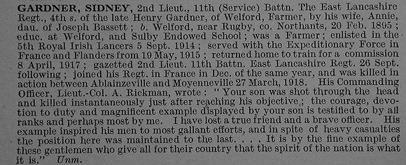 Gardner S 2nd Lt 11th East Lancashire Regiment
