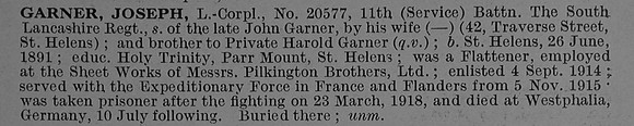 Garner J L/Cpl 20577 11th South Lancashire Regiment Obit