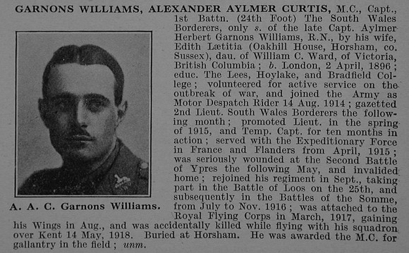Garnons-Williams A A C Captain MC 1st South Wales Borderers Attd Royal Flying Corps Obit