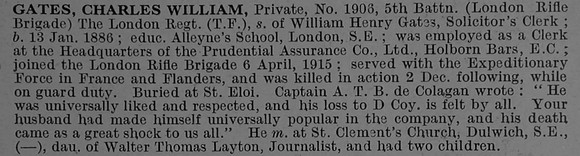 Gates C W Pte 1905 5th London Regiment (London Rifle Brigade)