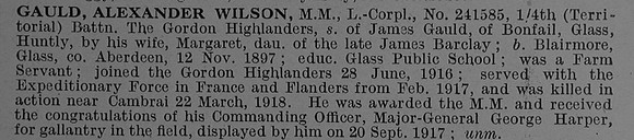Gauld A W L/Cpl MM 241585 4th Gordon Highlanders Obit