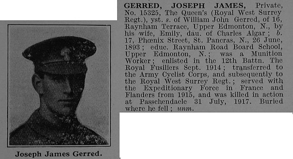 Gerred J J Pte 15325 8th The Queen's (Royal West Surrey Regiment) Obit