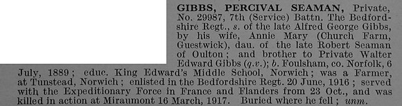 Gibbs P S Pte 29987 7th Bedfordshire Regiment Obit