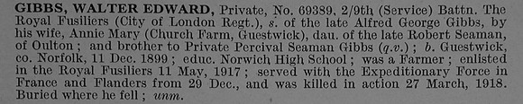 Gibbs W E Pte 69389 9th Royal Fusiliers