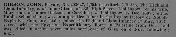 Gibson J Pte 203627 6th Highland Light Infantry