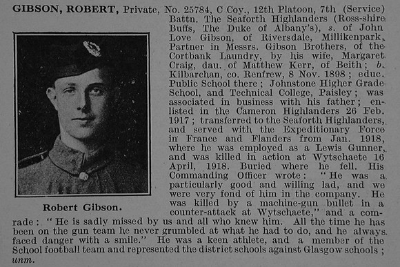 Gibson R Pte 25784 7th Seaforth Highlanders Obit