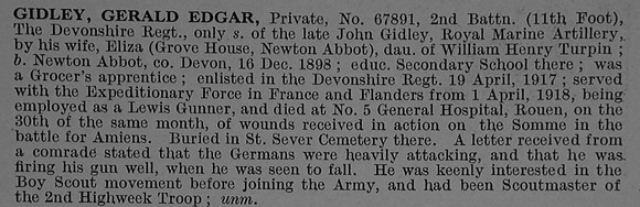Gidley G E Pte 67891 2nd Devonshire Regiment