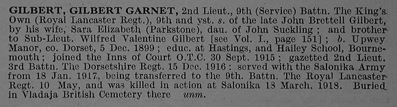 Gilbert G G 2nd Lt 9th Kings Own Royal Lancaster Regiment