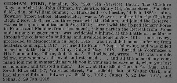 Gidman F Pte 7268 9th Cheshire Regiment