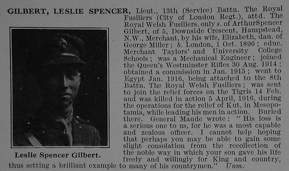 Gilbert L S Lt 13th Royal Fusiliers Obit