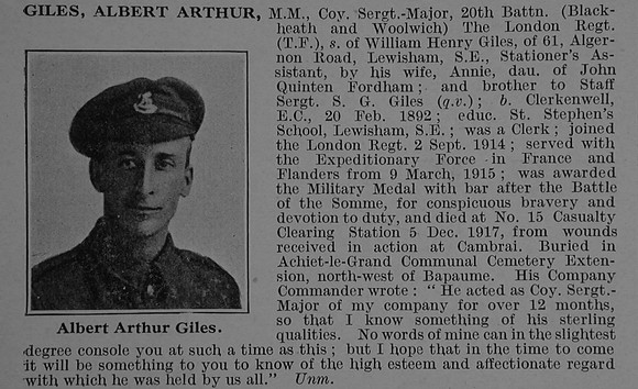 Giles A A Company Serjeant Major MM 630661 20th London Regiment Obit