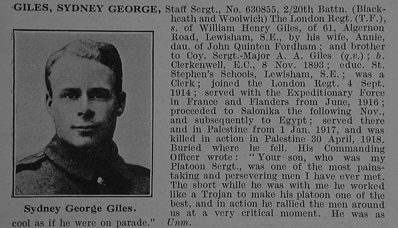 Giles S G Staff Sergt 630855 20th London Regiment Obit