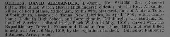 Gillies D A L/Cpl S/14250 3rd Attd 9th Black Watch