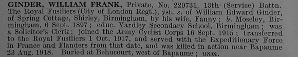 Ginder W F Pte 229731 13th Royal Fusiliers