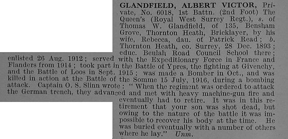 Glandfield A V Pte 6018 1st Queens Royal West Surrey Regiment