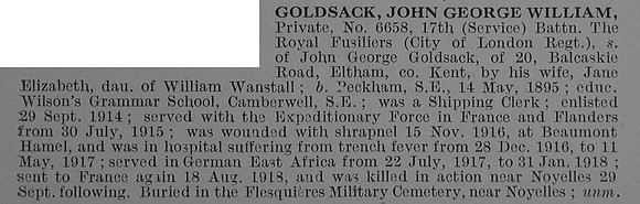 Goldsack J G W Pte 6658 17th Royal Fusiliers