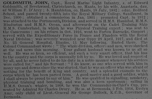 Goldsmith J Captain 1st R.M. Bn. R.N. Div. Royal Marine Light Infantry