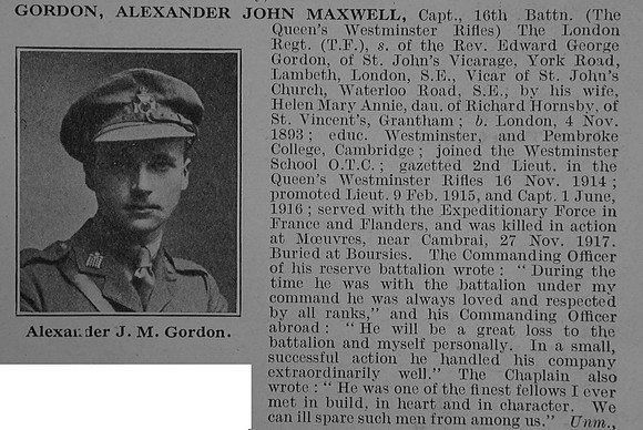 Gordon A J M Captain 16th London Regiment Obit