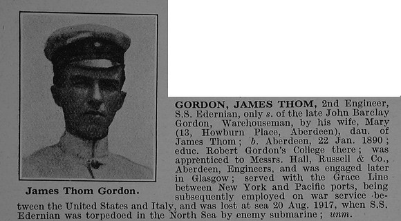 Gordon J T 2nd Engineer S.S. Edernian Mercantile Marine Obit