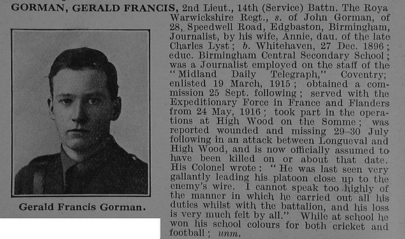 Gorman G F 2nd Lt 14th Royal Warwickshire Regiment Obit