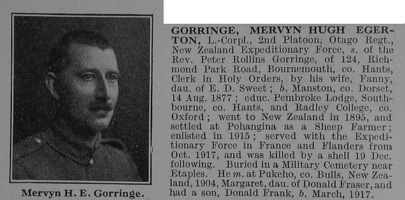 Gorringe M H E L/Cpl 38807 Otago Regiment, N.Z.E.F. Obit