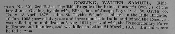 Gosling W S Rfm 691 3rd Rifle Brigade Obit